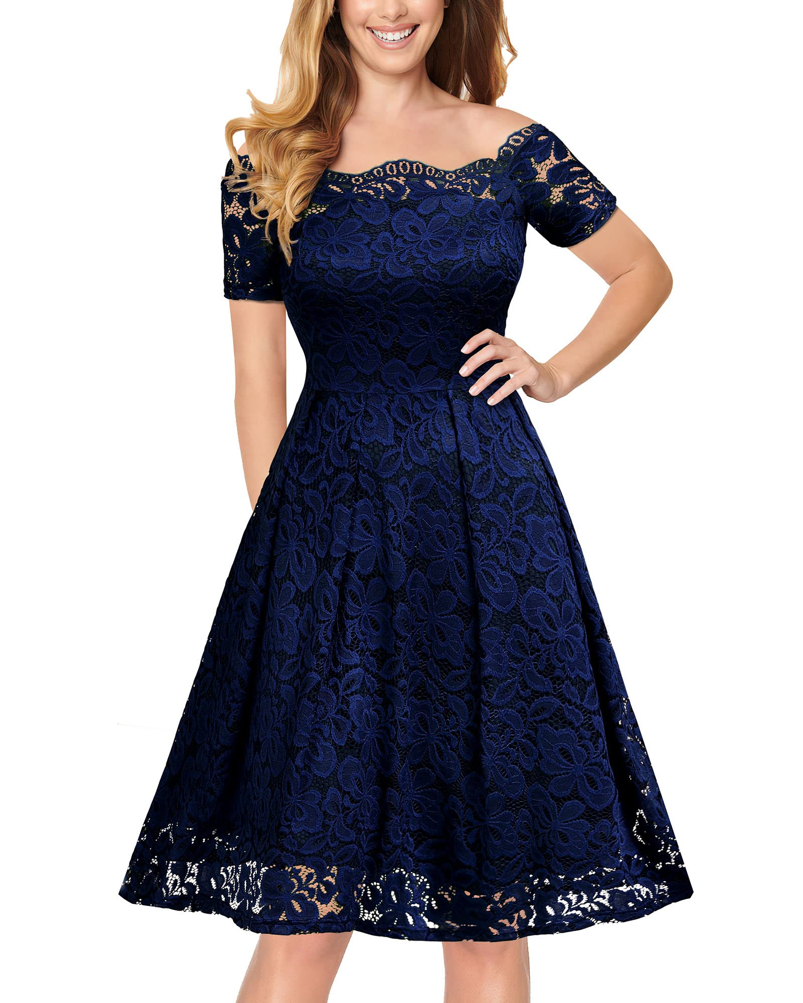 MISSMAY Women's Vintage Floral Lace Short Sleeve Boat Neck Cocktail Party Swing Dress (X-Large, Navy Blue)